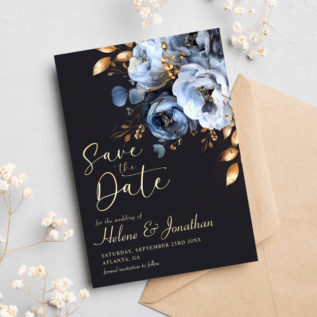 Modern Elegant vattenfärg blå och Guld Bröllop Spara Datumet (Modern Elegant Watercolor Blue And Gold Wedding Save The Date)