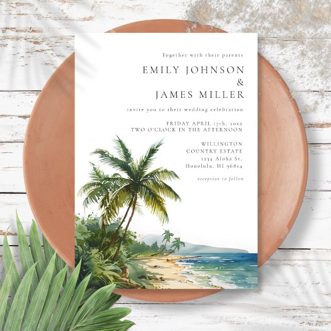 Modern Elegant Vattenfärg Tropisk Strand Bröllop Inbjudningar (Modern Elegant Watercolor Tropical Beach Wedding Invitation)