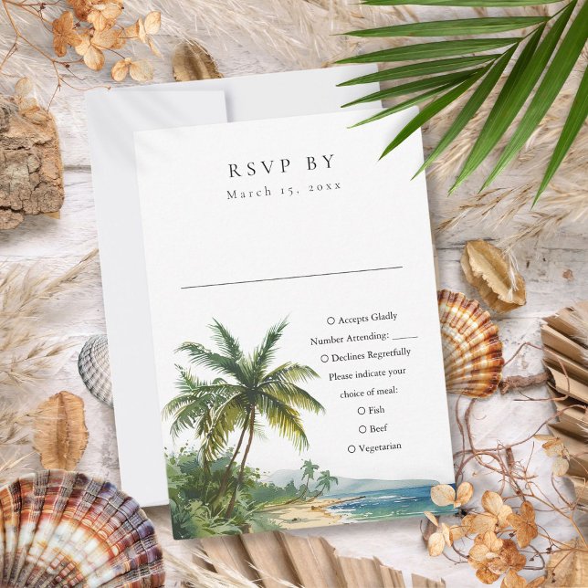 Modern Elegant Vattenfärg Tropisk Strand Bröllop OSA Kort (Modern Elegant Watercolor Tropical Beach Wedding RSVP Card)