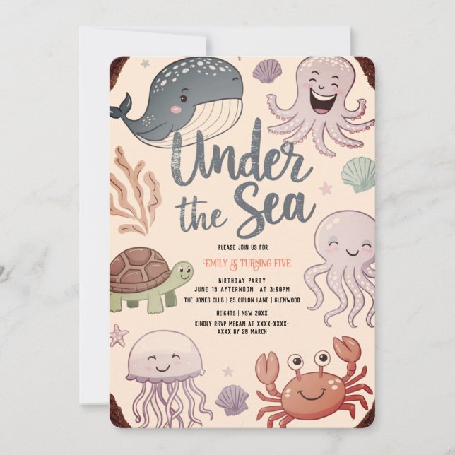 Modern elegant vattenfärg under Havsfödelsedag 8 Inbjudningar (Framsida)