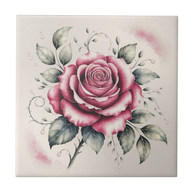 Modern elegant vattenfärg vacker rosa ros kakelplatta (Framsidan)