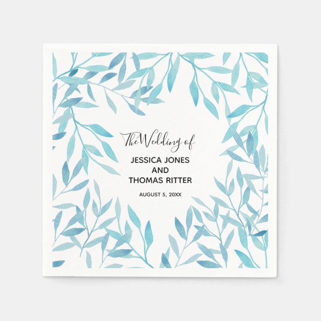 Modern Elegant, vattenfärgsblå Blommigt Pappersservett (Framsidan)