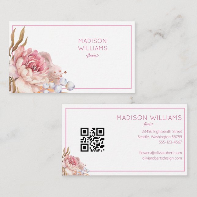 Modern Elegant Vattenfärgsfärg Blommigt Florist QR Visitkort (Fram/baksida)