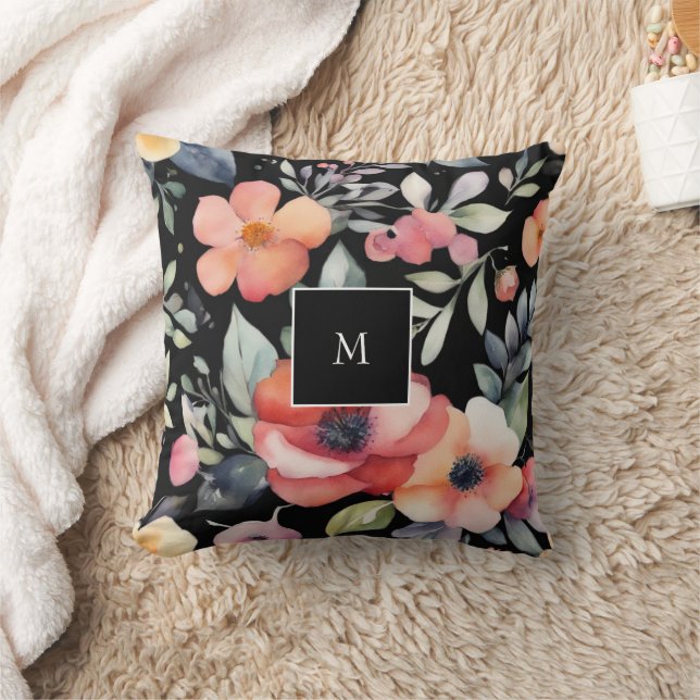 Modern elegant vattenfärgsfärgad blommigt monogram kudde (Filt)