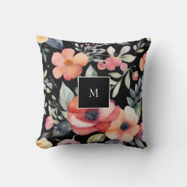 Modern elegant vattenfärgsfärgad blommigt monogram kudde