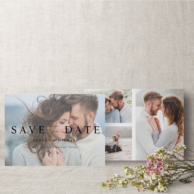 Modern Elegant Vellum Overlay 4 Photo Förlovning Spara Datumet (Save the Date: Love is in the air!)