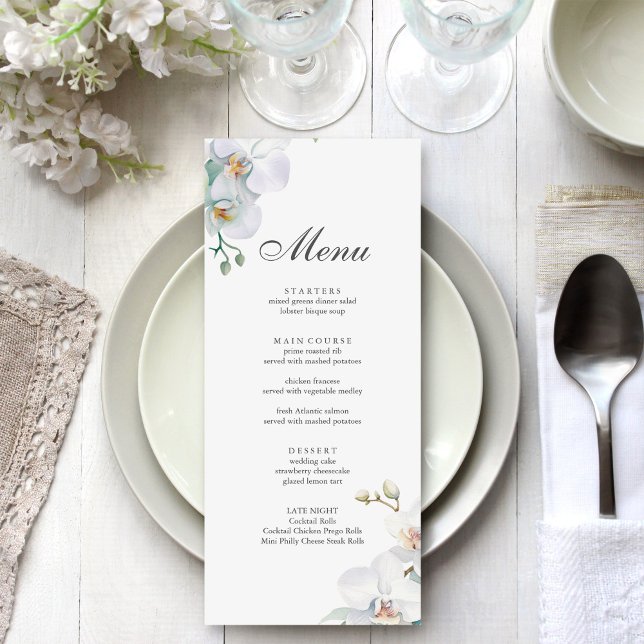 Modern Elegant Vild Orchid Bröllop Meny (Modern Elegant Wild Orchid Wedding Menu on a beautiful white and silver wedding dinner table.)