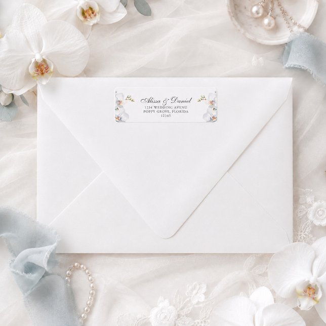 Modern Elegant Vild Orchidé Bröllopsadress Returadress Etikett (Modern Elegant Wild Orchid Wedding Address Label)
