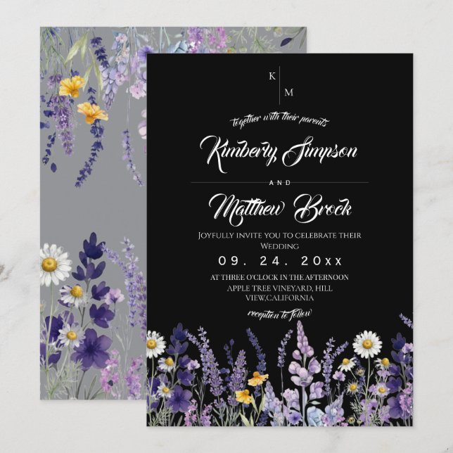 Modern & Elegant Vildblomma Rustik Svart Bröllop Inbjudningar (Fram/baksida)