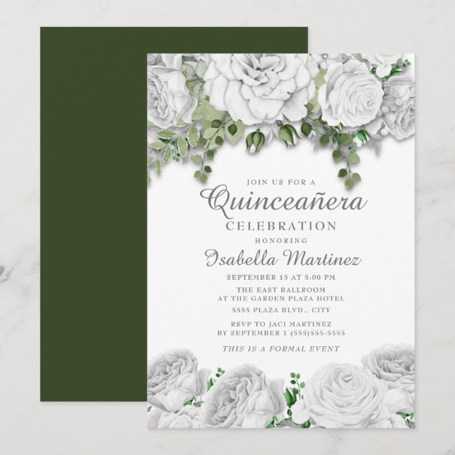Modern Elegant Vit Blommigt Grönt Quinceañera Inbjudningar (Fram/baksida)