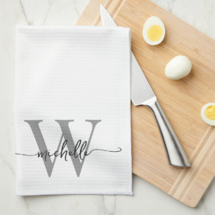 Modern Elegant Vit Grå Monogram Namn Skrift Kökshandduk