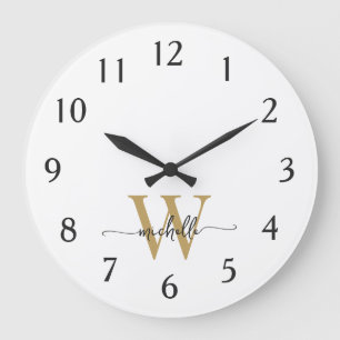 Modern Elegant Vit Guld Monogram Namn Skrift Stor Klocka