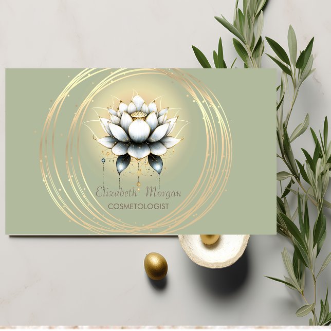 Modern Elegant Vit Lotus Guld Cirklar Grön Visitkort (Skapare uppladdad)
