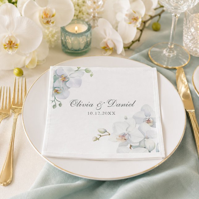 Modern Elegant Vit Orkidé Bröllop Pappersservett (Modern Elegant White Orchid Wedding Napkins)