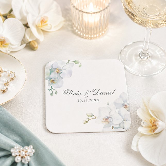 Modern Elegant Vit Orkidé Bröllop Underlägg Papper Kvadrat (Modern Elegant White Orchid Wedding Square Paper Coaster)