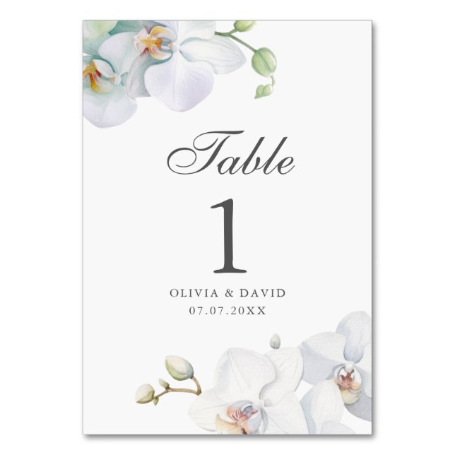 Modern Elegant Vit Orkidé Bröllops Bord Nummer  Bordsnummer (Framsidan)