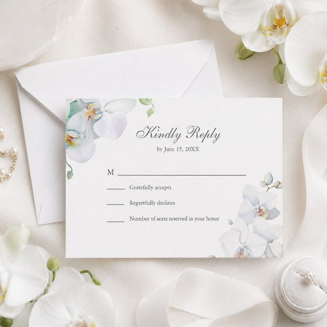 Modern Elegant Vit Orkidé Bröllops RSVP-kort Tack Kort (Modern Elegant White Orchids Wedding RSVP Card)