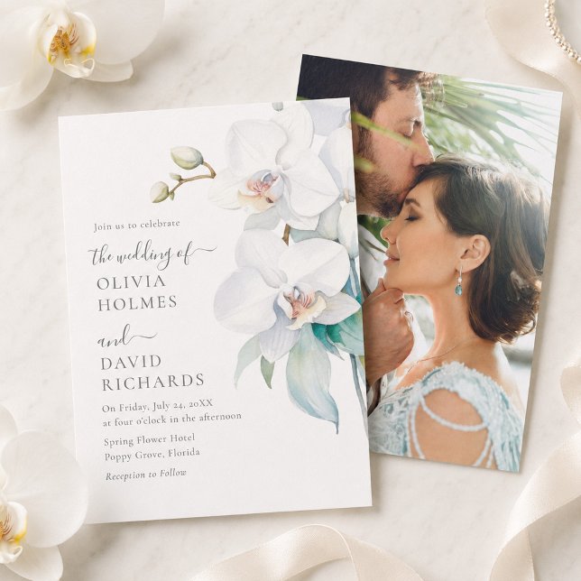 Modern Elegant Vit Orkidé Foto Bröllopsinbjudan Inbjudningar (Modern Elegant White Orchid Photo Wedding Invite)