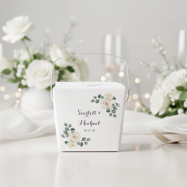 Modern Elegant Vit Ros Bröllop Presentaskar (Front view soft botanical romantic timeless wedding watercolor white roses garden wedding favor box
)