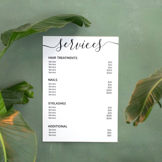 Modern Elegant Vit Salong Prislista Tjänst Menu Poster (Skapare uppladdad)