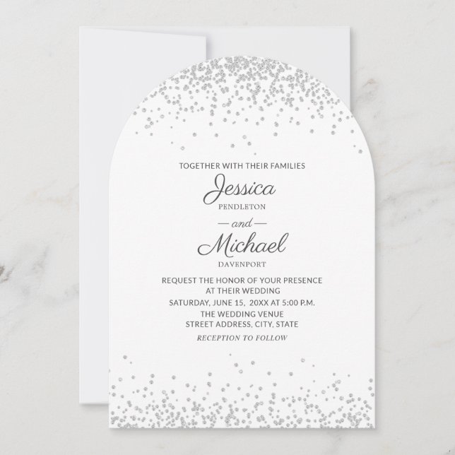 Modern Elegant Vit Silver Glitter Båge Bröllop Inbjudningar (Framsida)