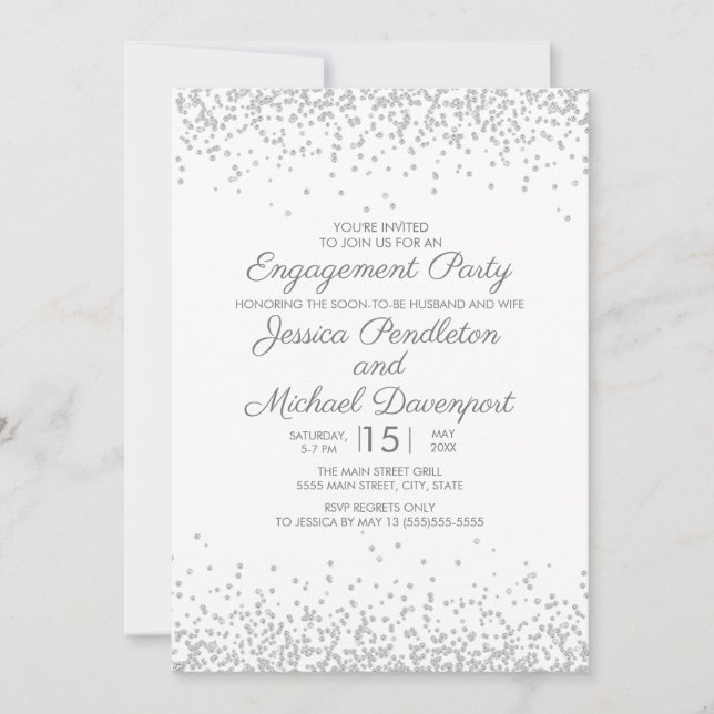 Modern Elegant Vit Silver Glitter Förlovningsring Inbjudningar (Framsida)
