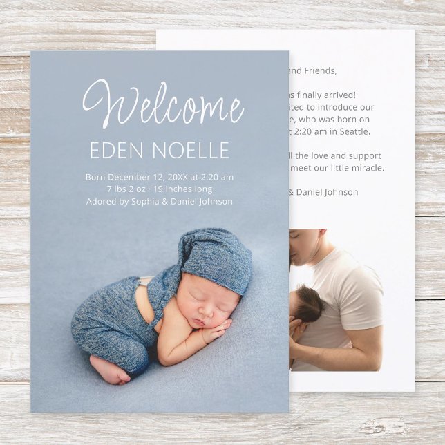 Modern Elegant Vit Skrift 2 Foto Nyfödd Födelse Meddelande (Modern, elegant, white script 2 photo newborn birth announcement flat card. Simple baby photo card.)