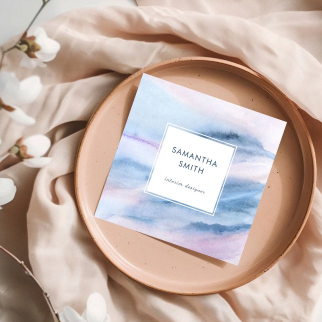 Modern Elegant Vita, blå Abstrakt Fyrkantigt Visitkort (Elegant Blue White Watercolor Abstract Square Business Card)