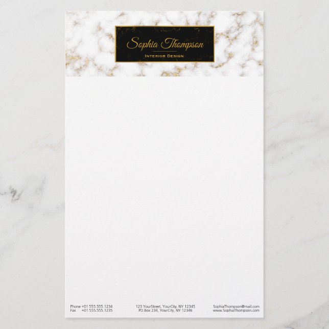 Modern Elegant Vita Guld Marble Namn - Stationery Brevpapper (Framsida)
