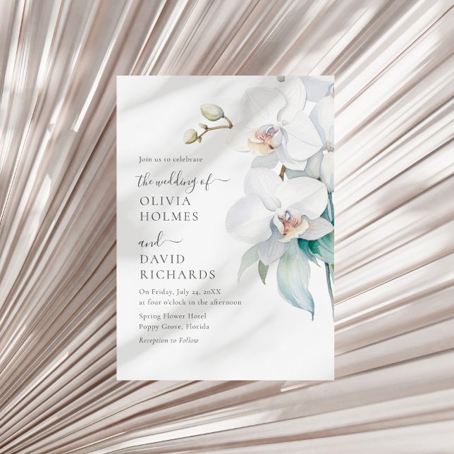 Modern Elegant Vita orkidébröllop - inbjudan (Modern Elegant White Orchid Wedding Invite on a white dry palm leaf.)