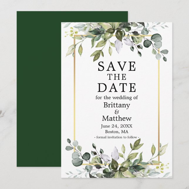 Modern Elegant Watercolor Botanical Grey Guld Spara Datumet (Fram/baksida)
