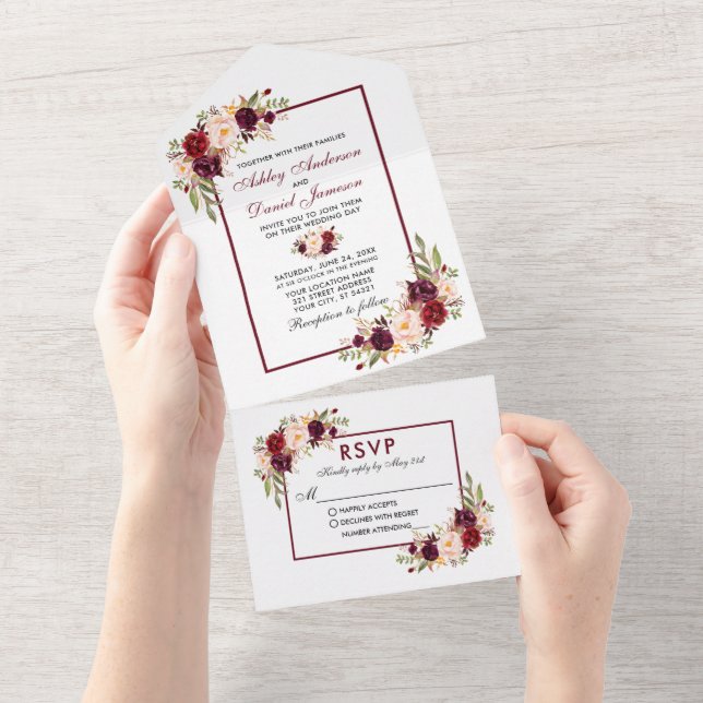 Modern Elegant Watercolor Burgundy Blommigt Bröllo (Avrivbar del)