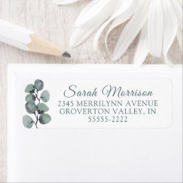 Modern Elegant Watercolor Eucalyptus Grönt Script Returadress Etikett