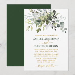 Modern Elegant Watercolor Greenery Bröllop Guld Inbjudningar