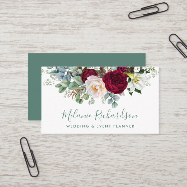 Modern Elegant Watercolor Greenery Burgundy Blommi Visitkort (Fram/Back In Situ)