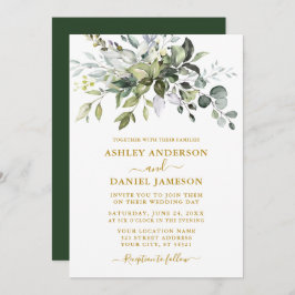 Modern Elegant Watercolor Greenery Guld Bröllop Inbjudningar