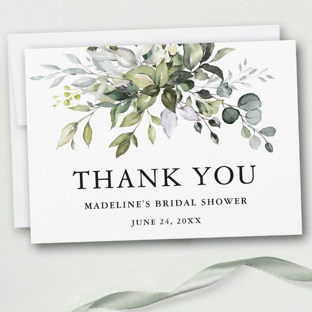 Modern Elegant Watercolor Greenery Möhippa Tack Kort (Customize to change text color, text style or add text & photos to back of card.)