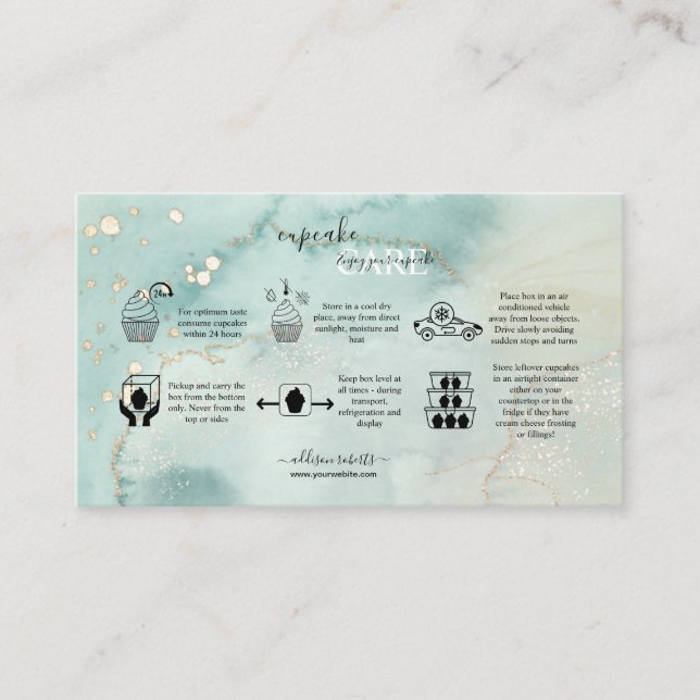 Modern Elegant Watercolor Grönt Cuptårta Care Busi Visitkort (Framsida)