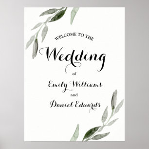 Modern Elegant Watercolor Grönt Löv Bröllop Poster