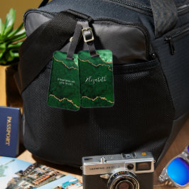 Modern Elegant Watercolor Marble Geode Grönt Guld Bagagebricka