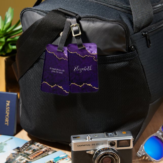 Modern Elegant Watercolor Marble Geode Lila Guld Bagagebricka (Fram & Baksida)