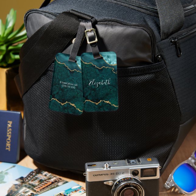 Modern Elegant Watercolor Marble Geode Teal Guld Bagagebricka (Fram & Baksida)