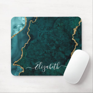 Modern Elegant Watercolor Marble Teal Geode Guld Musmatta