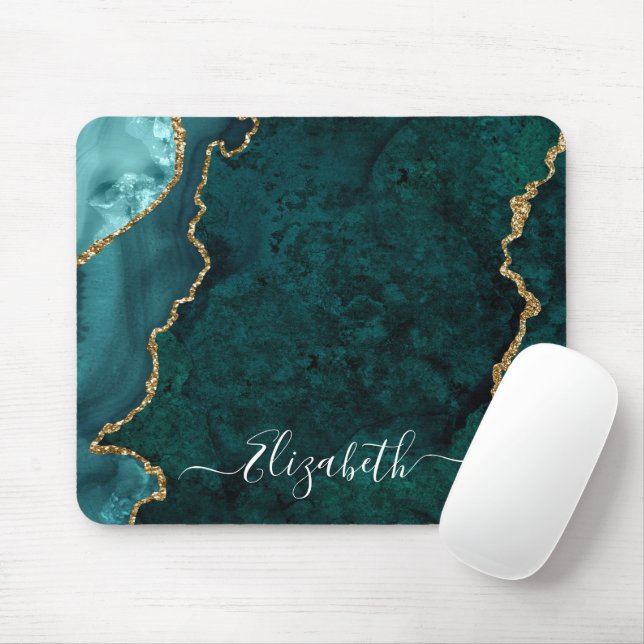Modern Elegant Watercolor Marble Teal Geode Guld Musmatta (Med mus)