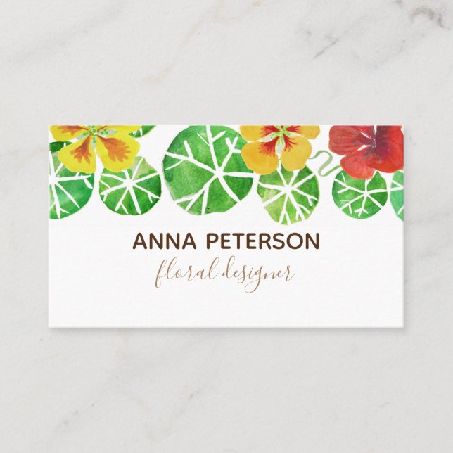 Modern Elegant Watercolor Nasturtium Flowers Visitkort (Framsida)