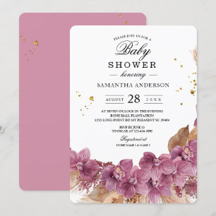 Modern Elegant Watercolor Rosa Orchid & Pampas Inbjudningar