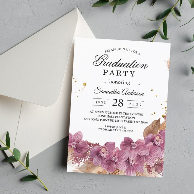 Modern Elegant Watercolor Rosa Orchid & Pampas Inbjudningar (Skapare uppladdad)