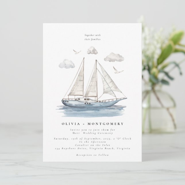Modern Elegant Watercolor Sailing Yacht Bröllop Inbjudningar (Stående Fram)