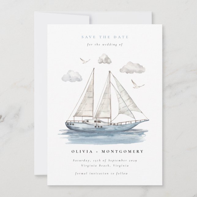 Modern Elegant Watercolor Sailing Yacht Inbjudningar (Framsida)