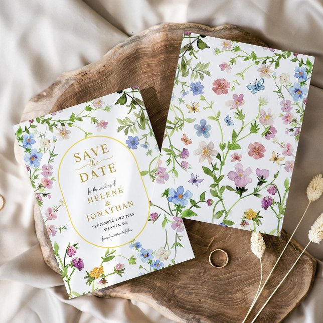 Modern Elegant Watercolor Wildblomma Bröllop Spara Datumet (Modern Elegant Watercolor Wildflower Wedding Save The Date)